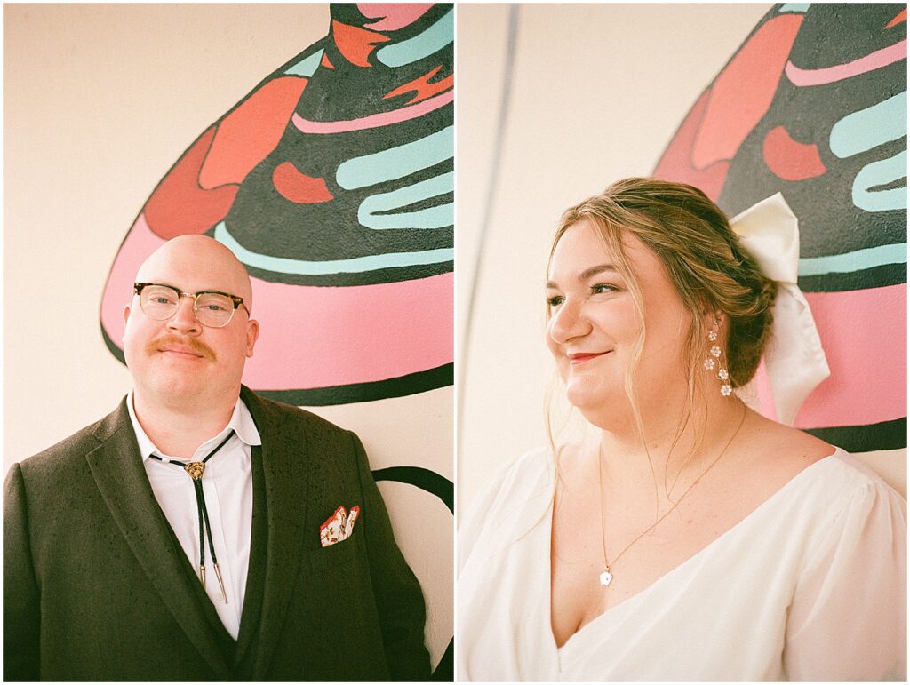 A bride and groom pose for wedding portraits outside a Racine wedding venue.