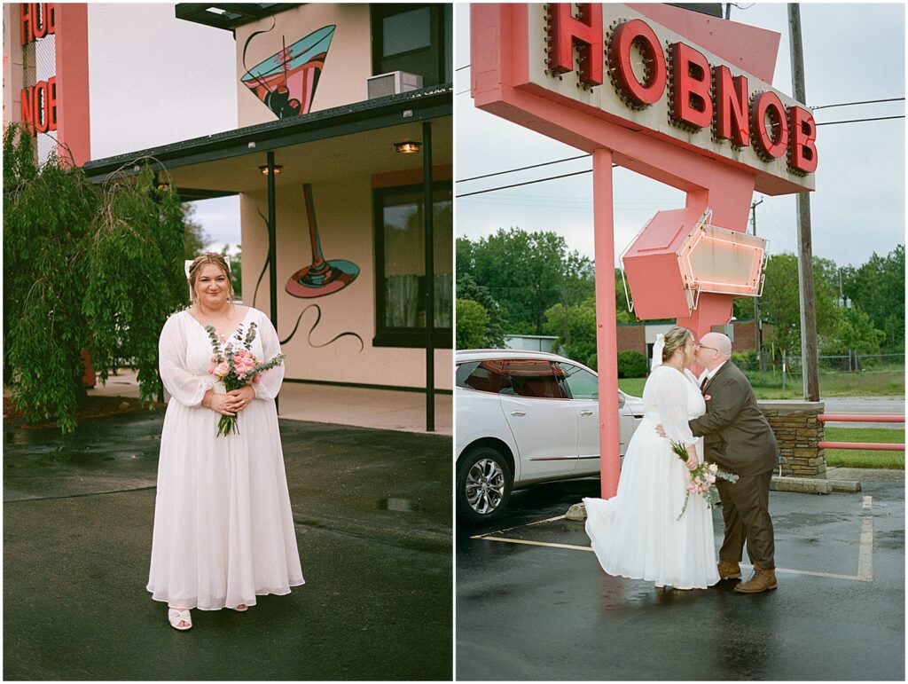 A bride and groom kiss under the neon sign for the Hobnob Restaurant in Racine.