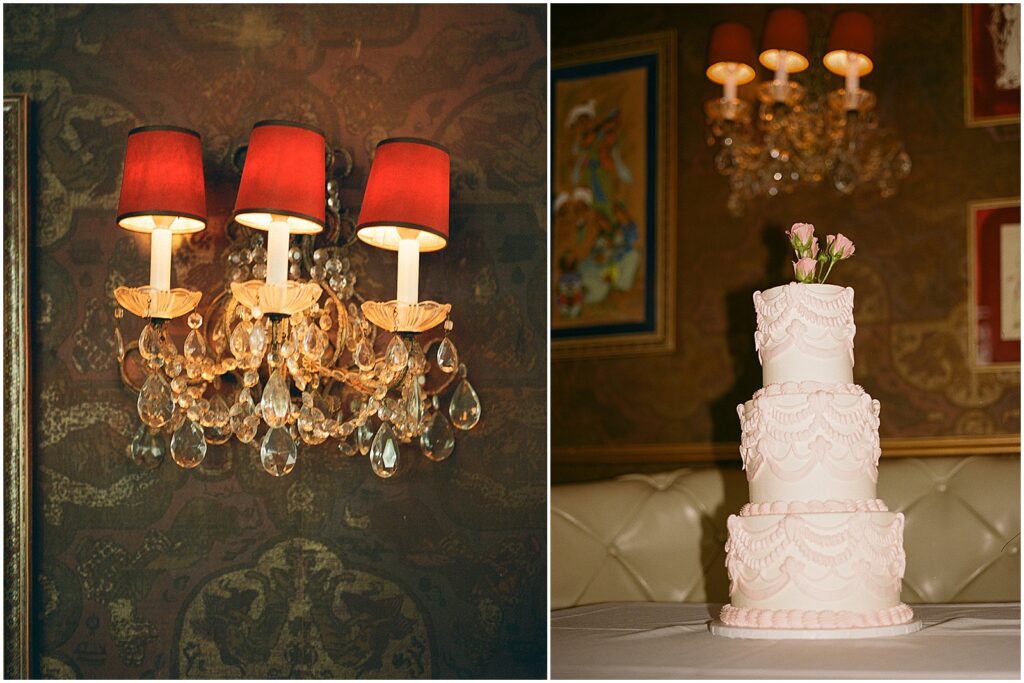 A vintage tiered wedding cake sits on a table in the Hobnob Restaurant.