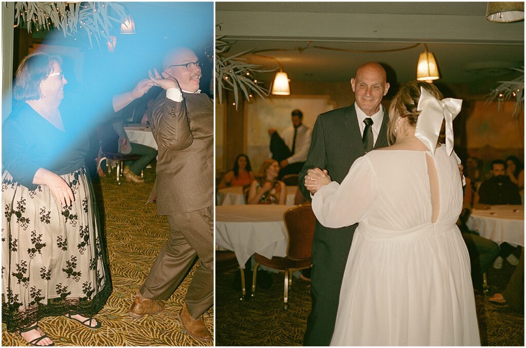 A bride and groom do parent dances.