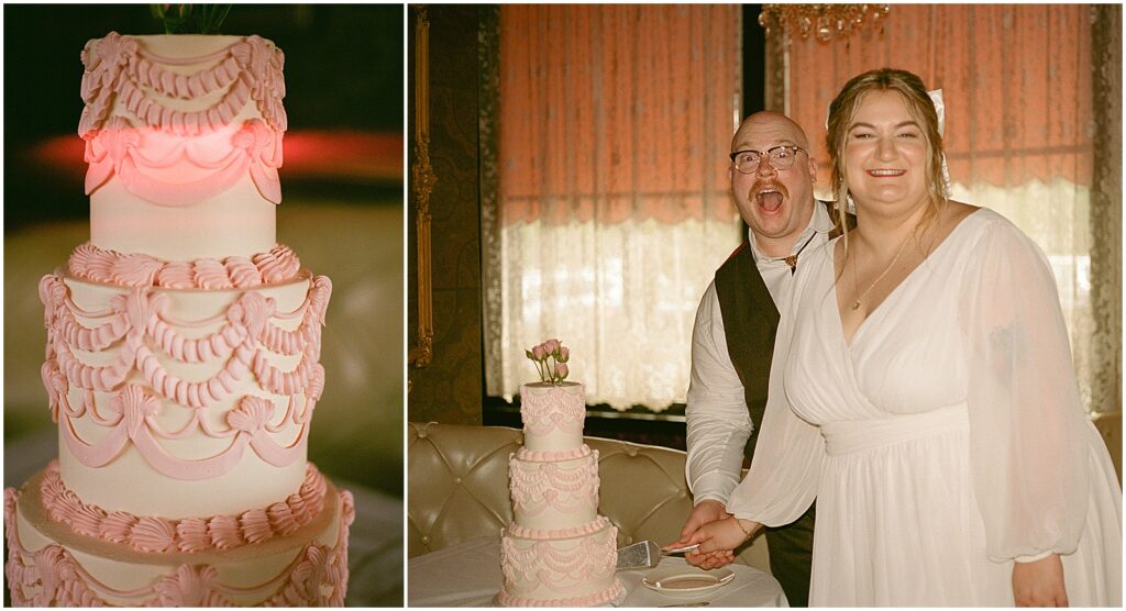 A bride and groom cut a pink vintage wedding cake inside Hobnob Restaurant.