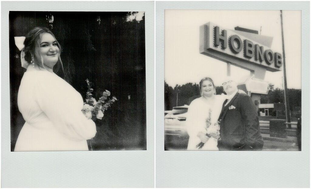 A bride and groom pose for a Polaroid wedding photo outside Hobnob Restaurant.