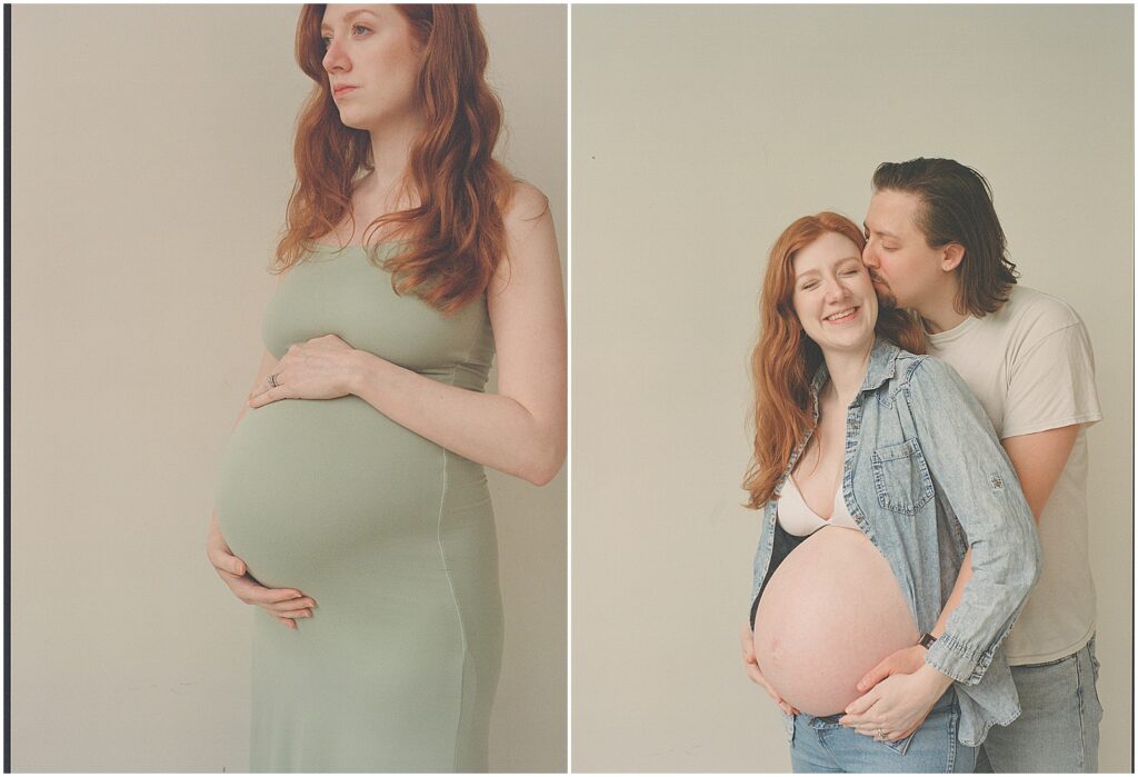 A man kisses his pregnant wife's cheek during a Milwaukee maternity photography session.