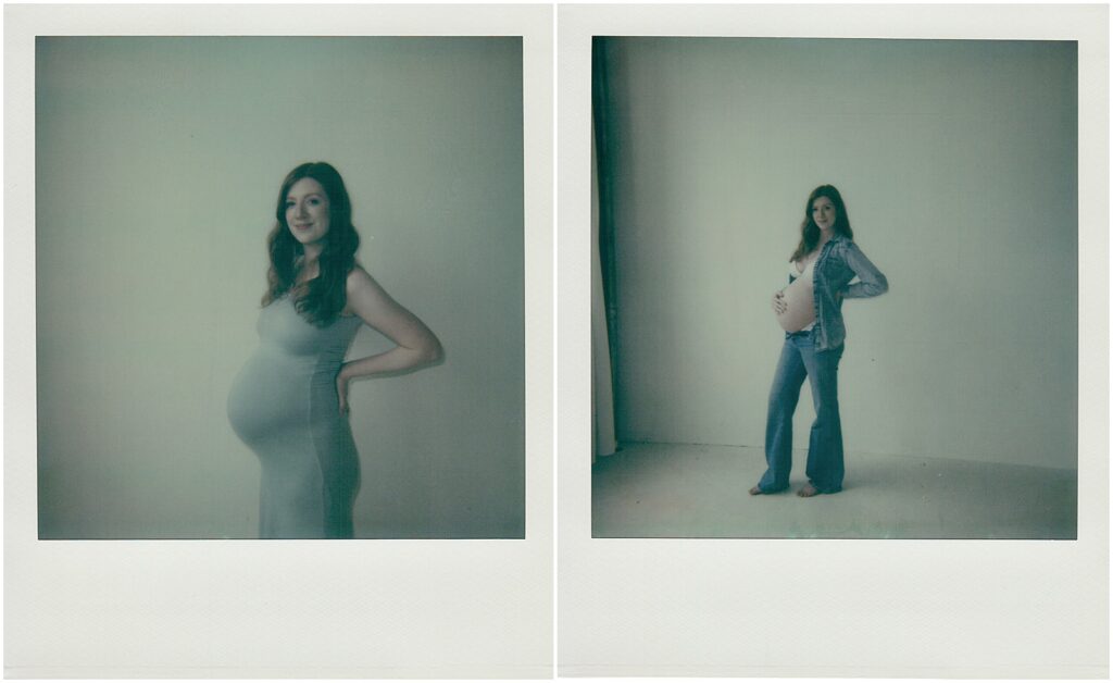 A pregnant woman poses for a Milwaukee maternity photographer using Polaroid film.