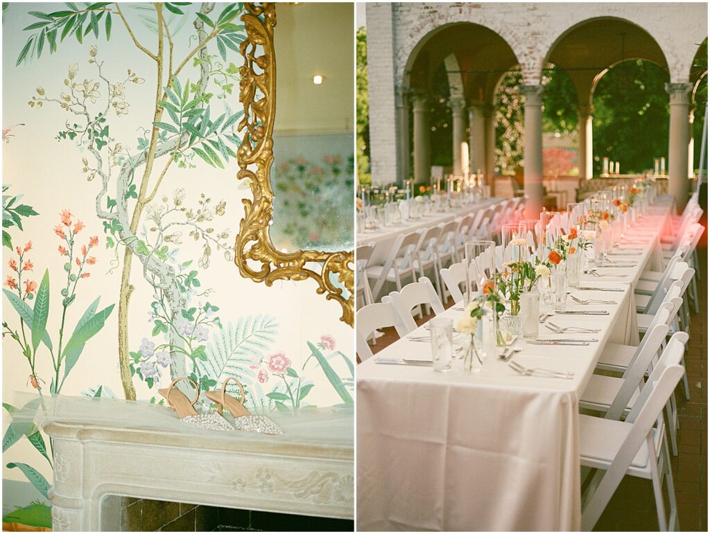 A white beaded wedding shoe sits on a fireplace mantle at a Villa Terrace wedding.