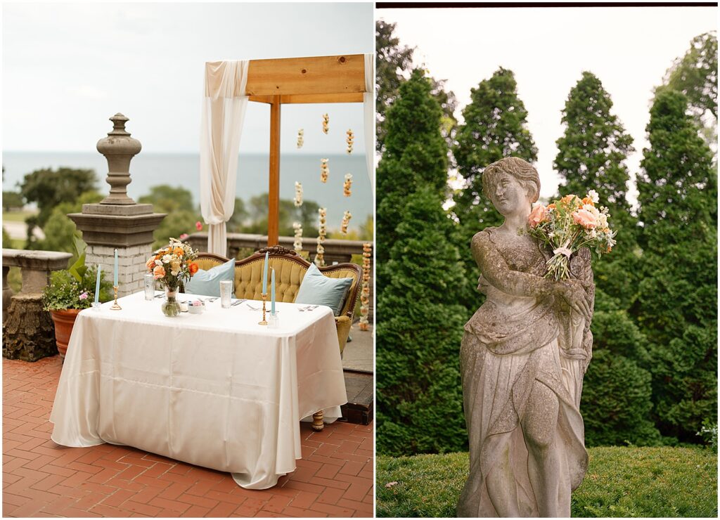 A wedding bouquet sits in the arms of a statue in the garden at a Villa Terrace wedding.