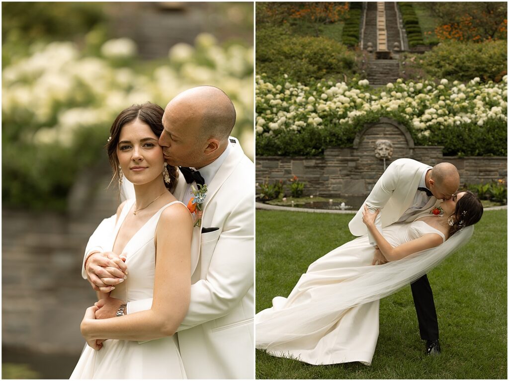 A bride and groom pose for a film wedding photographer in the gardens at Villa Terrace Milwaukee.