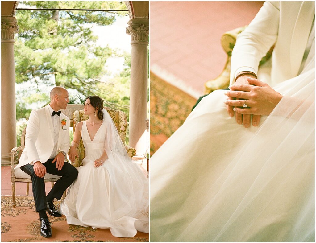 A bride and groom sit in vintage chairs on a patio while a Milwaukee film photographer takes their wedding photos.