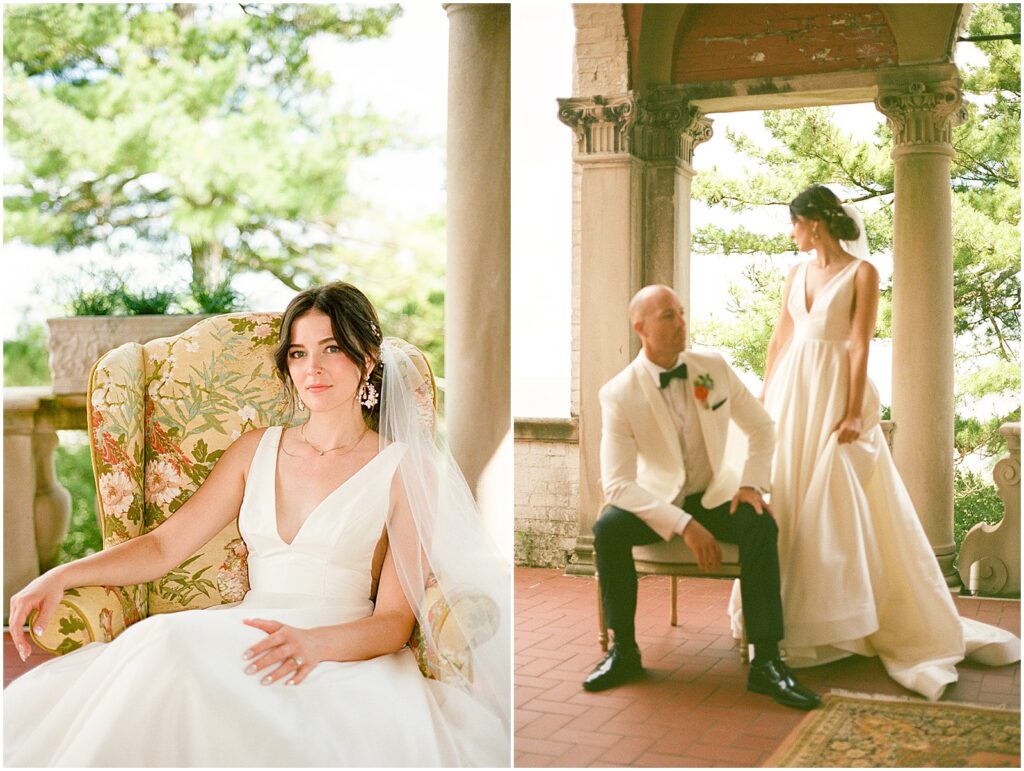 A bride and groom pose for a film wedding photo at their art museum Milwaukee wedding.