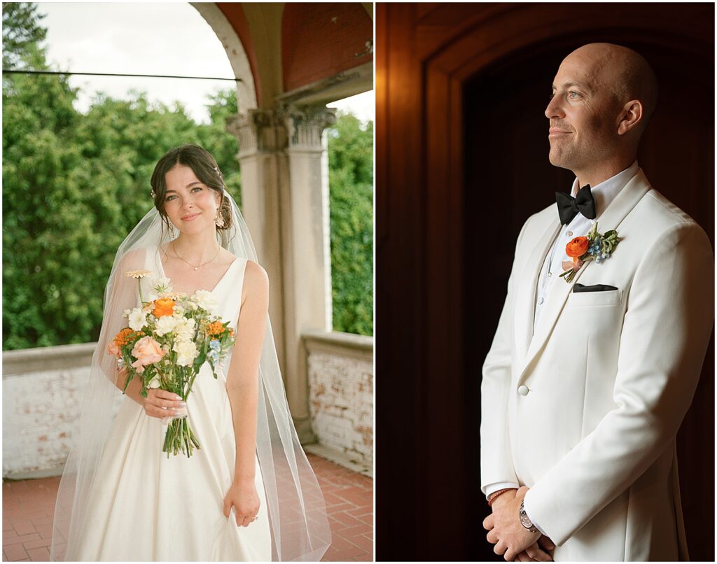 A bride and groom pose for Milwaukee wedding portraits on film.