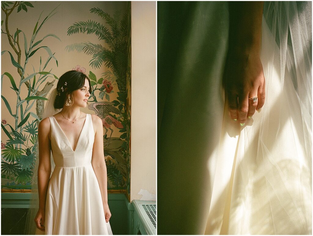 A bride poses in a patch of sunlight for Milwaukee film wedding photography.