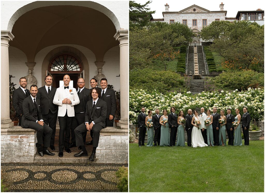 A bride and groom pose with their wedding party in front of hydrangeas at an art museum Milwaukee wedding.