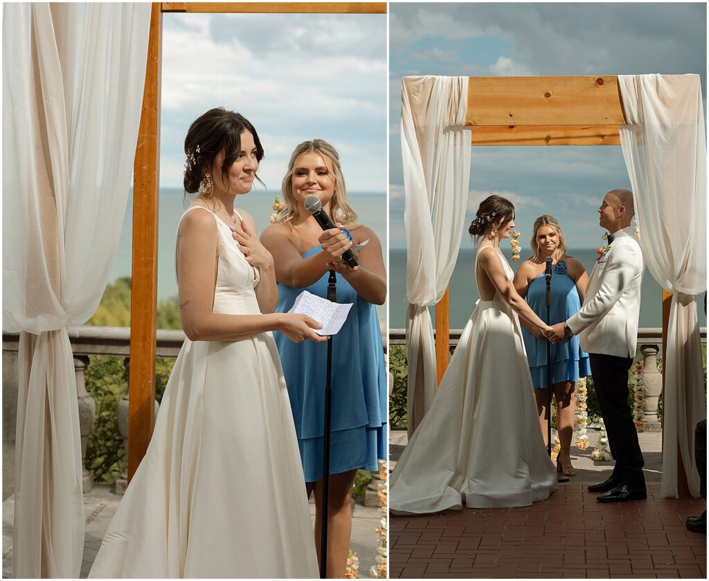 A bride and groom hold hands during an outdoor wedding in Milwaukee.