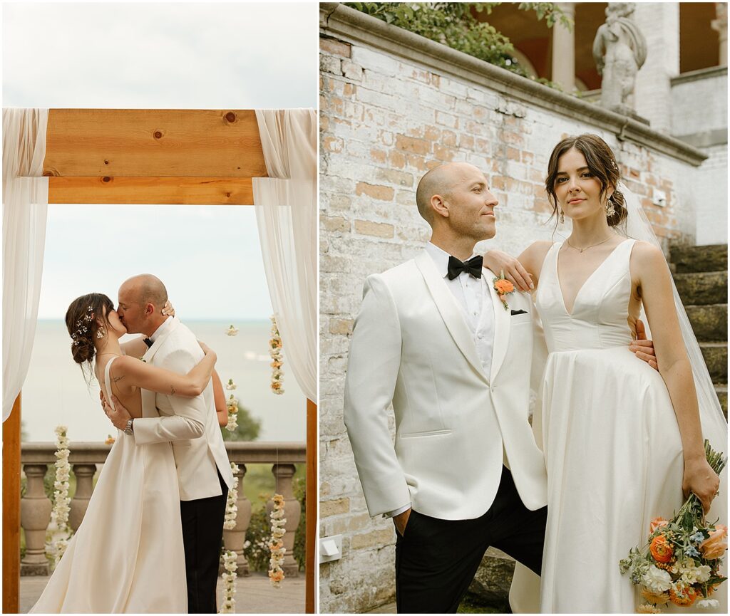 A bride and groom share their first kiss at their art museum Milwaukee wedding.