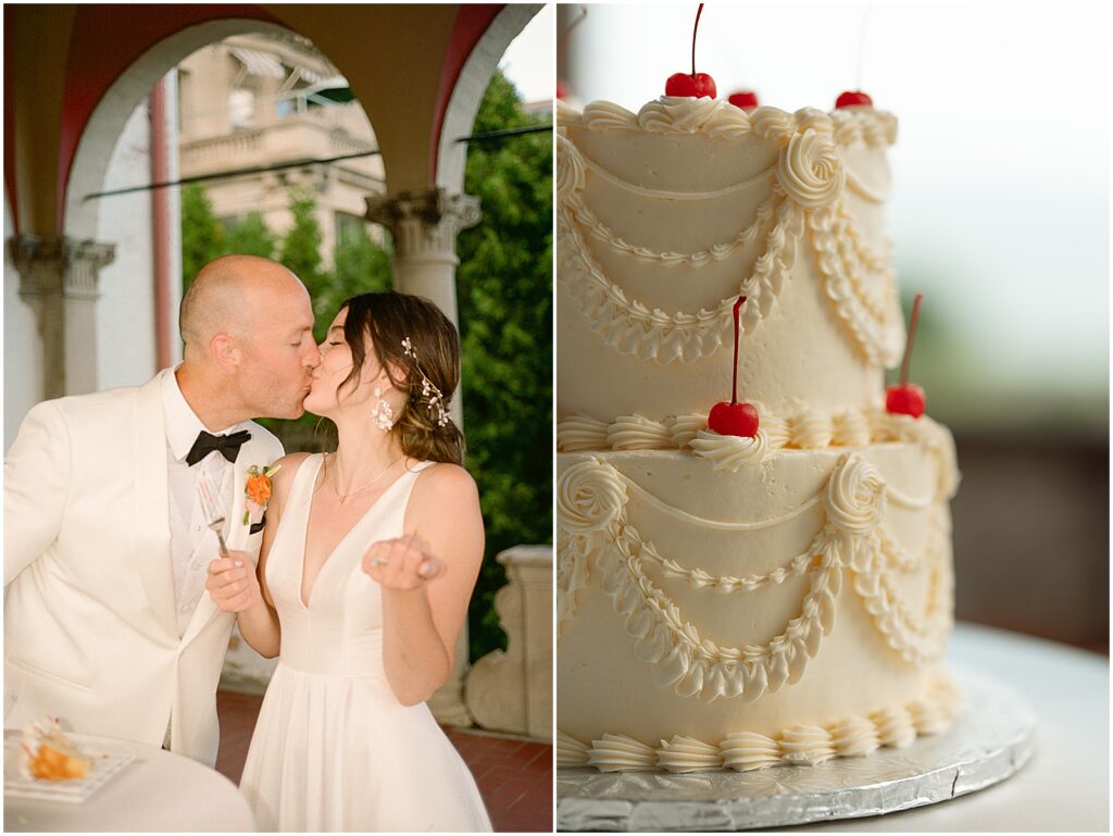 A bride and groom kiss during their private cake cutting at their art museum Milwaukee wedding.