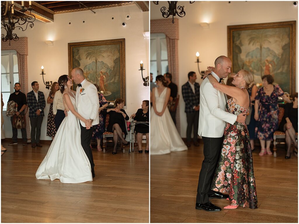 A bride and groom share their first dance in a historic wedding venue's hall.