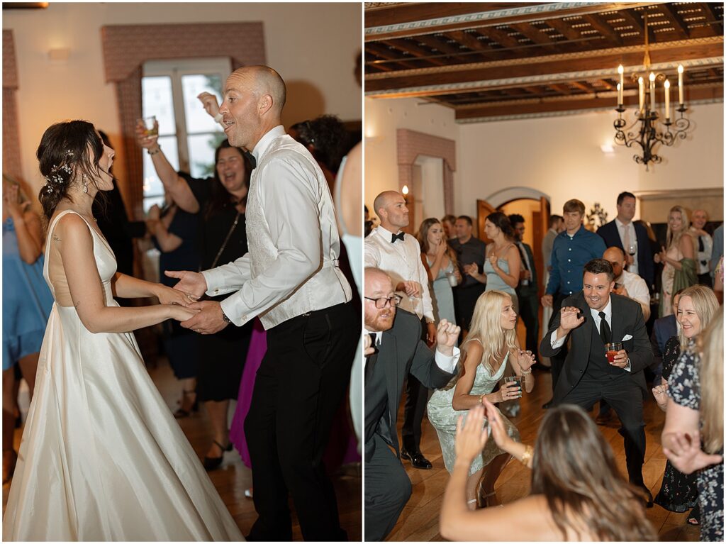 Wedding guests dance in a circle.