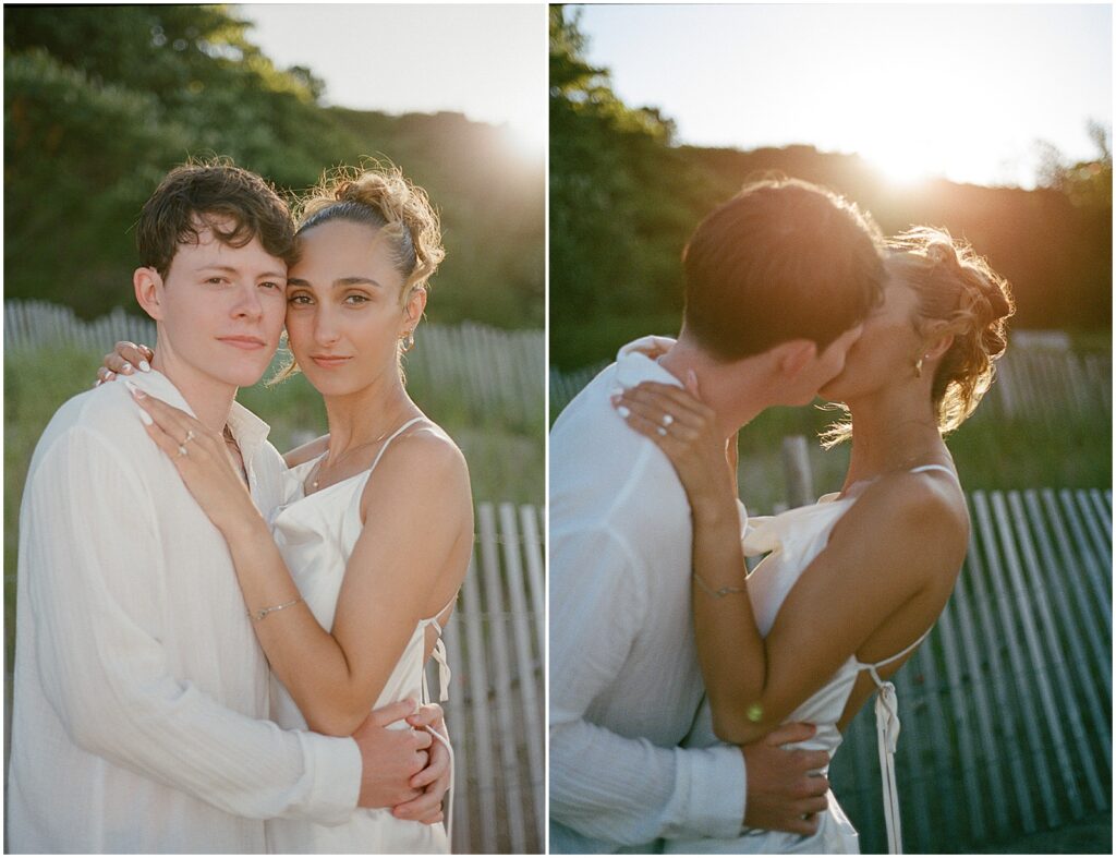 A bride and groom kiss as the sun sets behind them during a beach elopement.