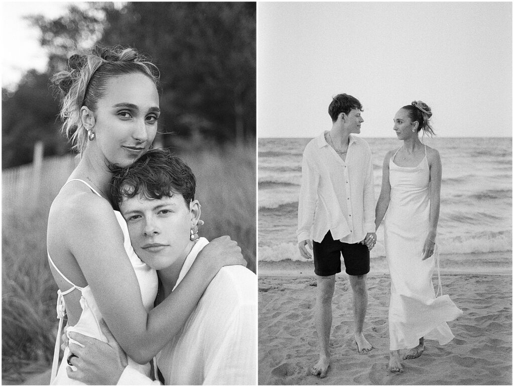 A bride and groom pose holding hands for elopement photos at Atwater Beach.