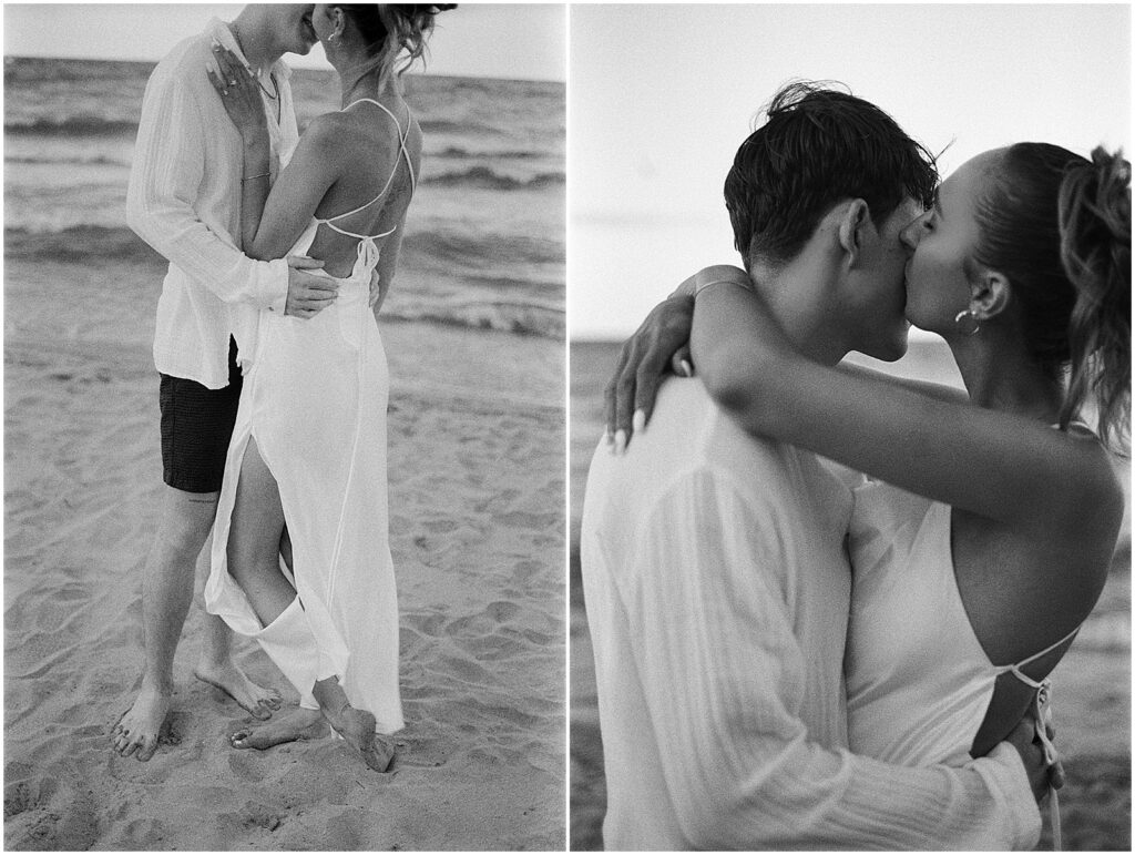 A bride and groom kiss on a beach in Milwaukee elopement photos.