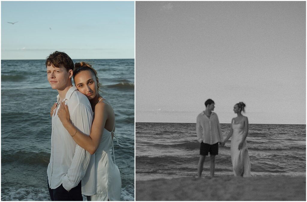 A bride leans against a groom in a sunset elopement photo at a beach.