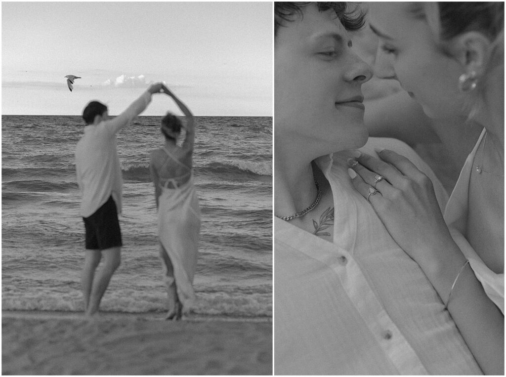 A groom spins a bride in a black and white wedding photo at Atwater Beach.