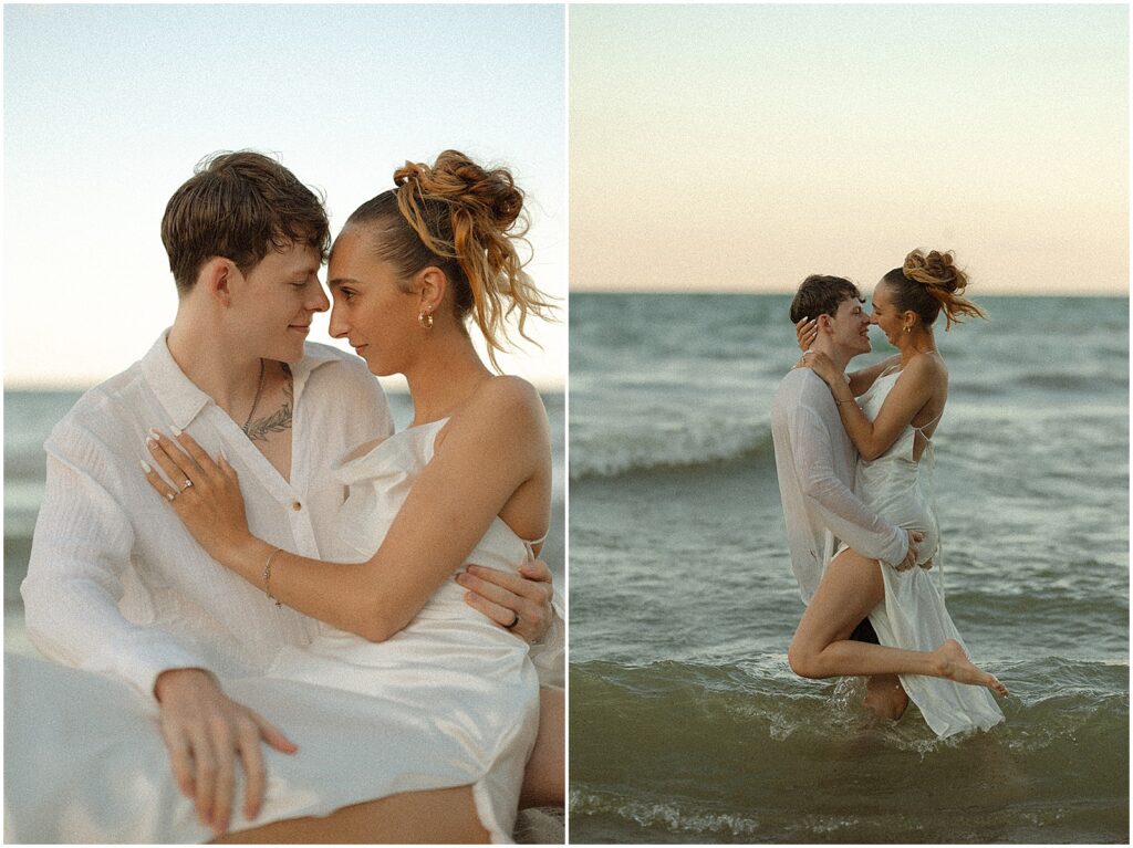 A bride and groom wade into Lake Michigan for elopement photos at sunset.