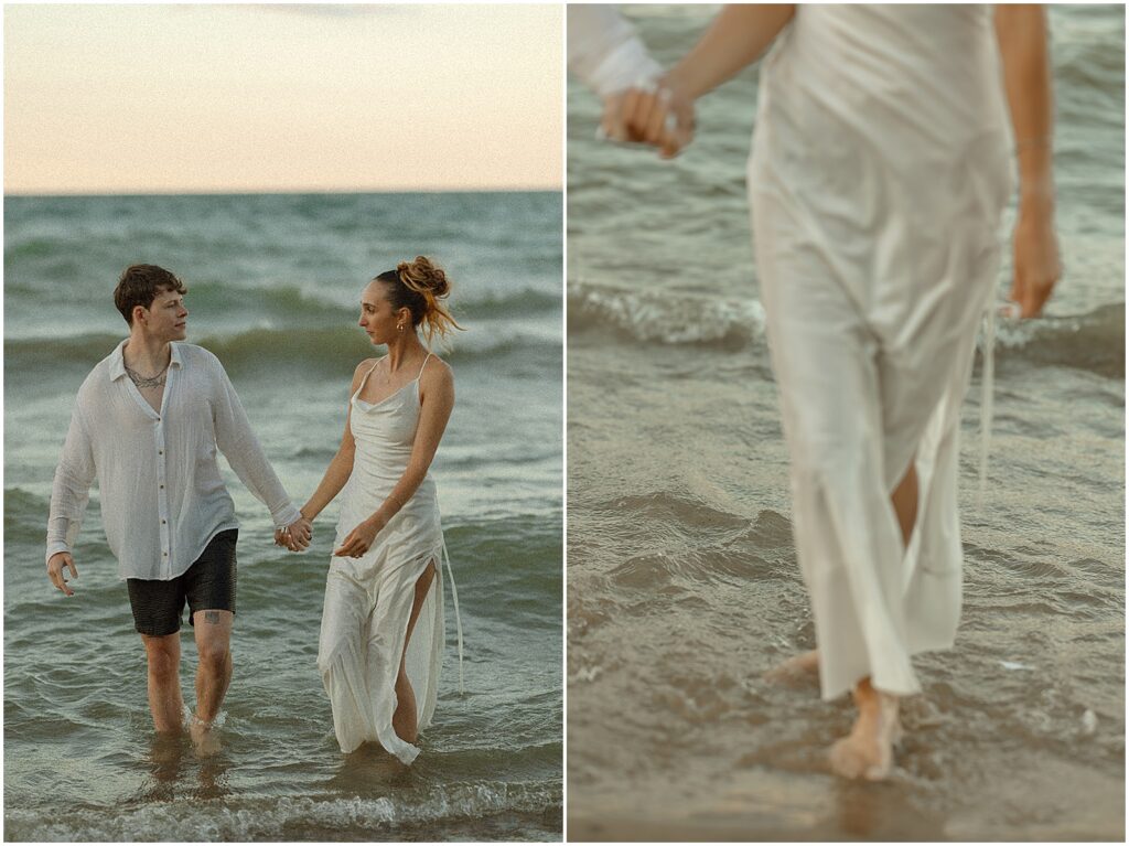 A bride walks barefoot towards a Milwaukee elopement photographer.