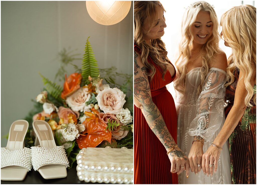 A bride and two bridesmaids show off matching bracelets to a Midwest wedding photographer.