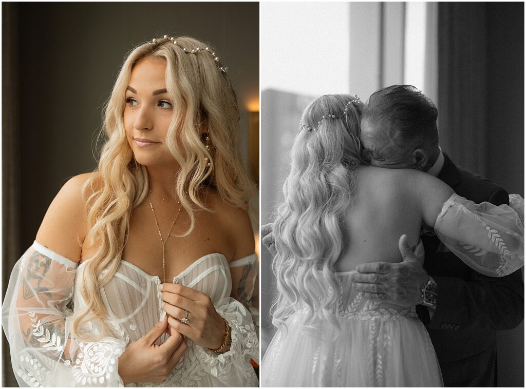 A bride hugs her father beside a window in a Chicago hotel room.