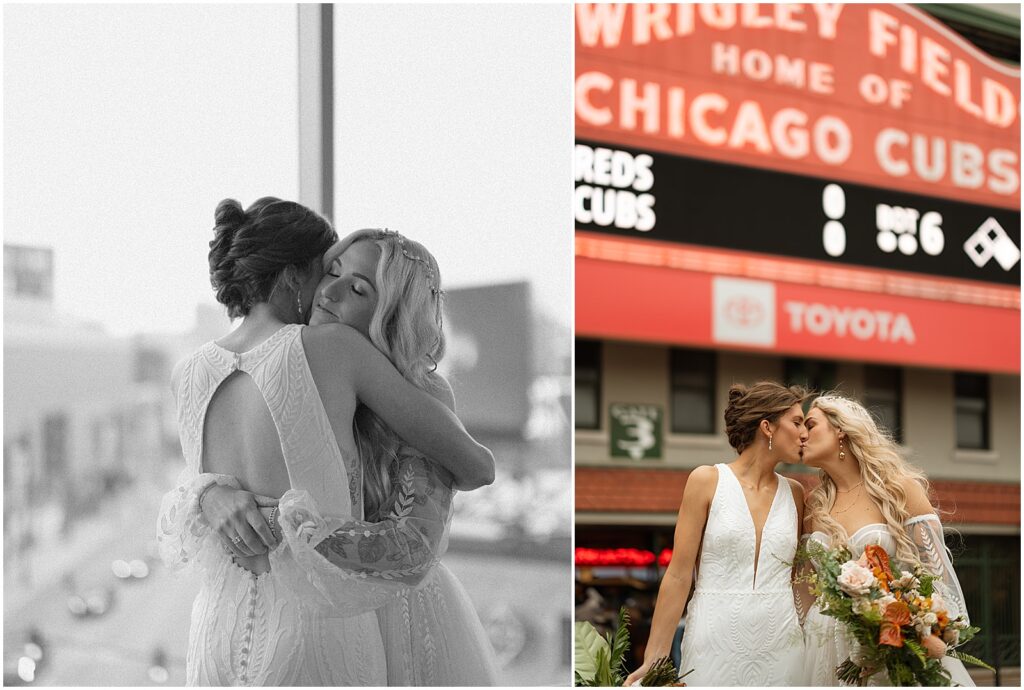 Two brides pose for a Midwest wedding photographer in front of Wrigley Field.