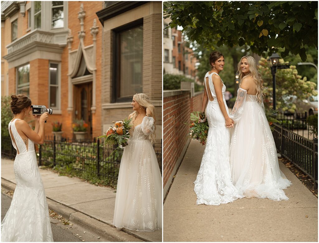 A bride records her wife on a Super 8 video camera on a Chicago street.