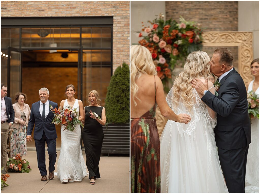 A bride's father kisses her cheek at the altar.