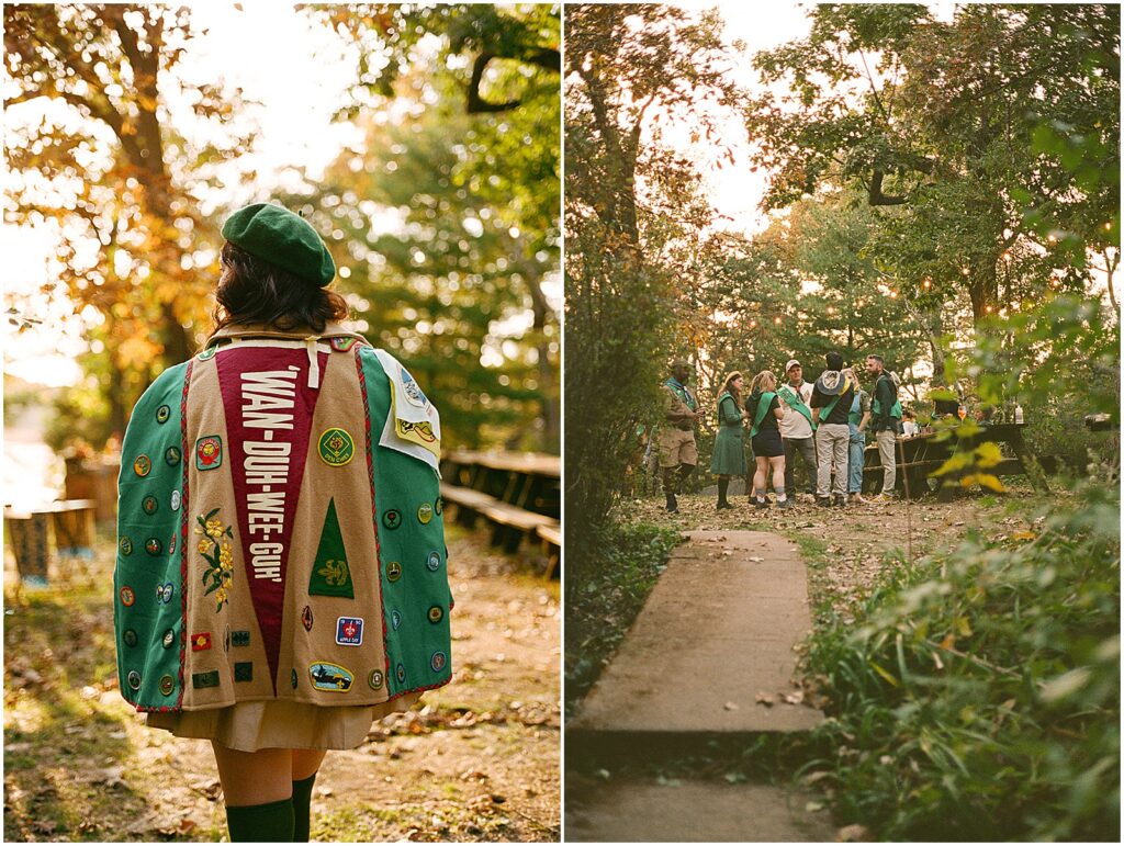 A woman shows a Milwaukee film photographer the back of her scout costume at Camp Wandawega.