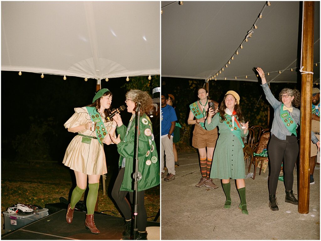 Friends sing karaoke at a welcome party.
