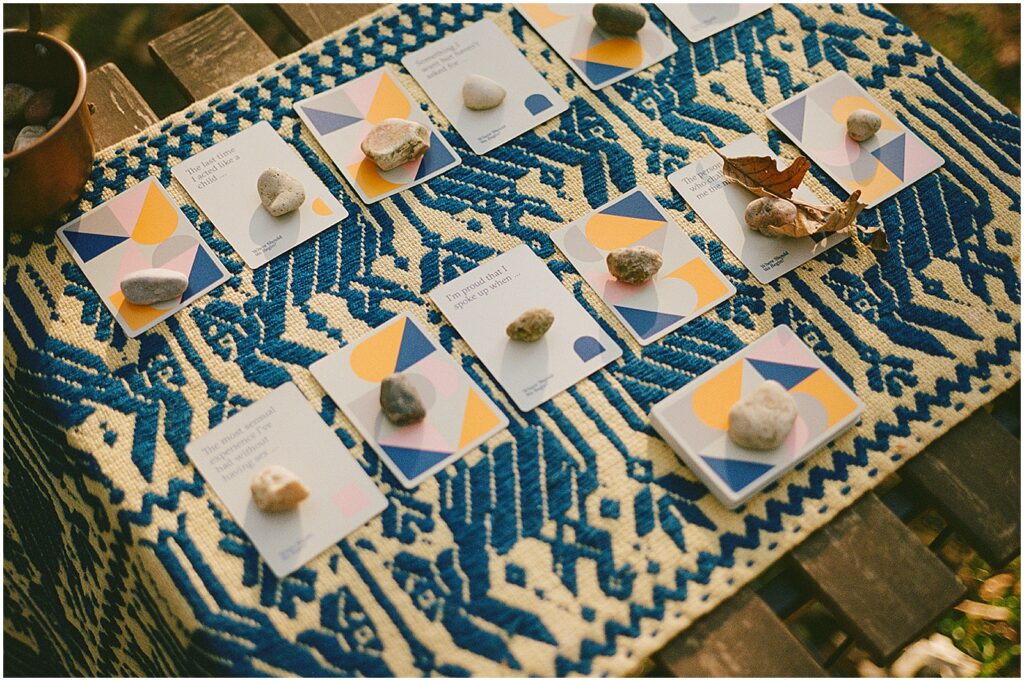 Stones sit on top of game cards.