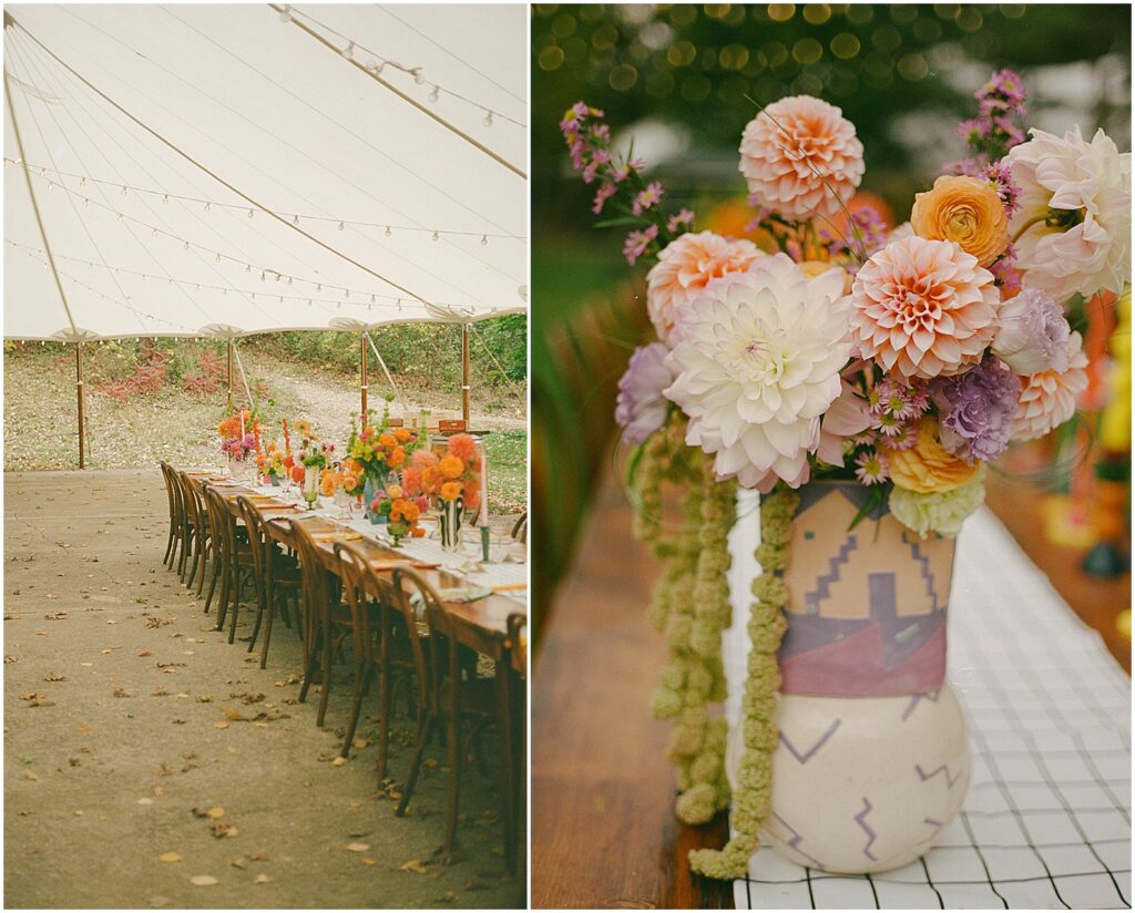 Flowers decorate a long dinner table at Camp Wandawega