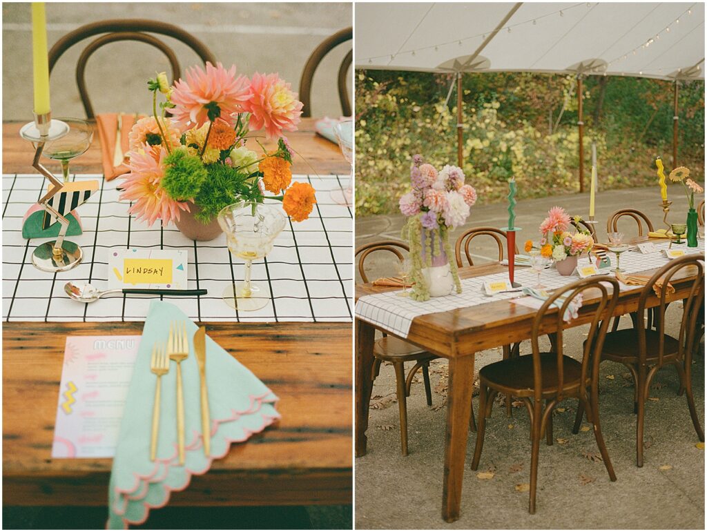 Colorful flowers and linens sit on a dinner table at a Camp Wandawega birthday parth.