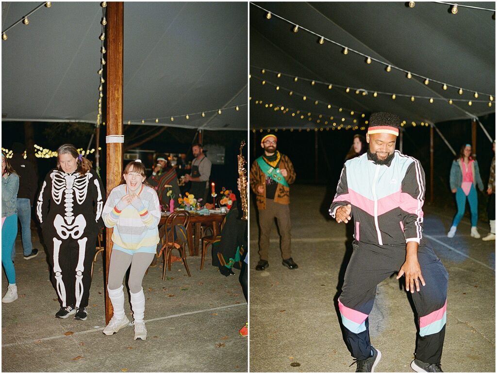 People in 80's costumes dance at a 40th birthday party outdoors.